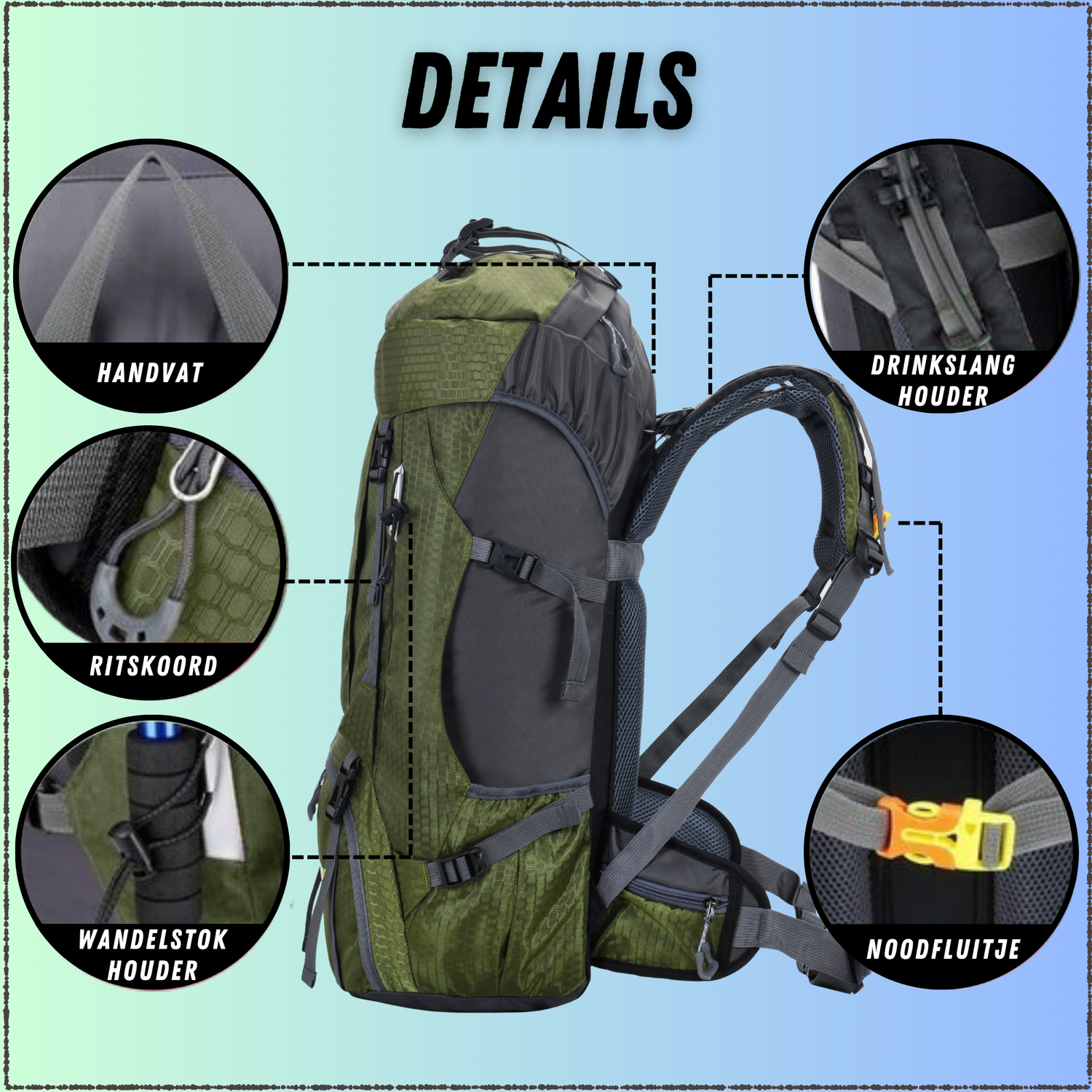 60L Trekking Rugzak Legergroen
