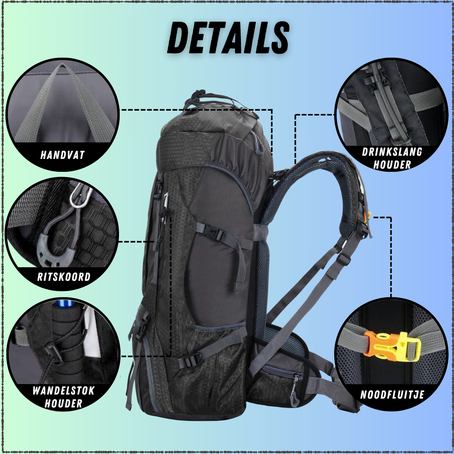 60L Trekking Rugzak Zwart