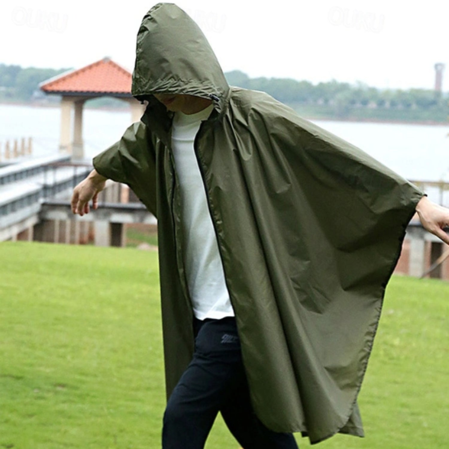 Poncho Regenjas met Capuchon Legergroen