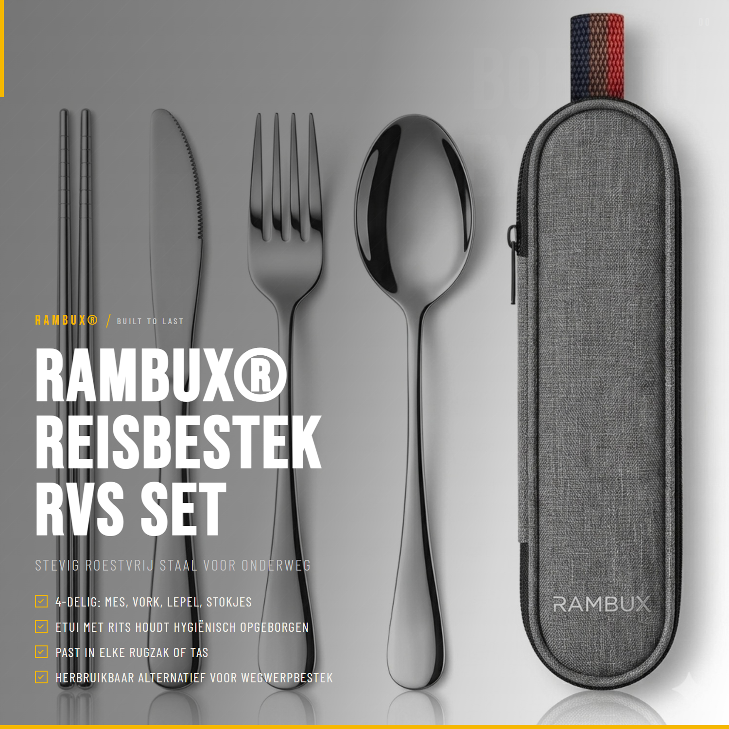 RAMBUX® - RVS Bestekset - Mes Vork Lepel & Stokjes - met Etui - Grijs